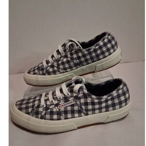 Superga Cotu Size 7.5 Gingham Sneakers Navy Blue White Canvas Low Top Plaid Shoe